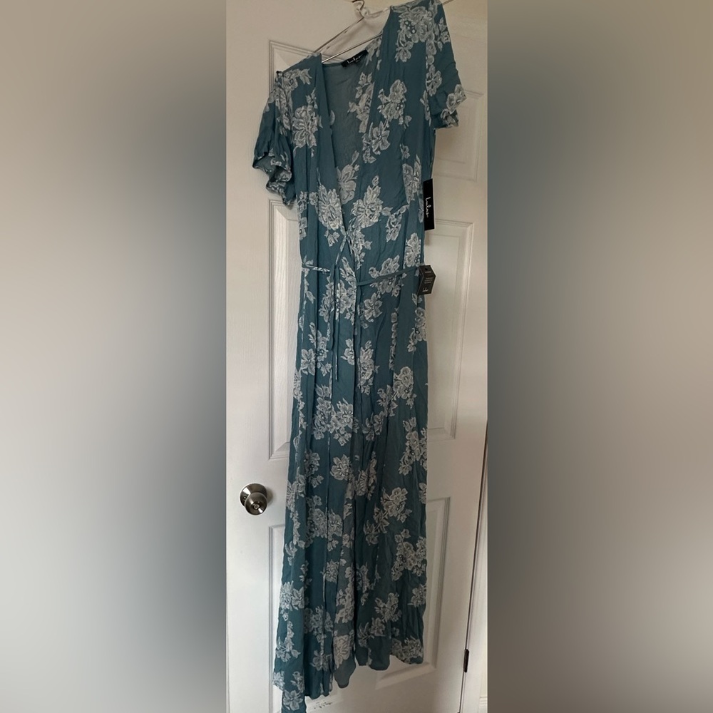 Lulu's Teal Blue Floral Wrap Maxi Dress - Picture 2 of 4